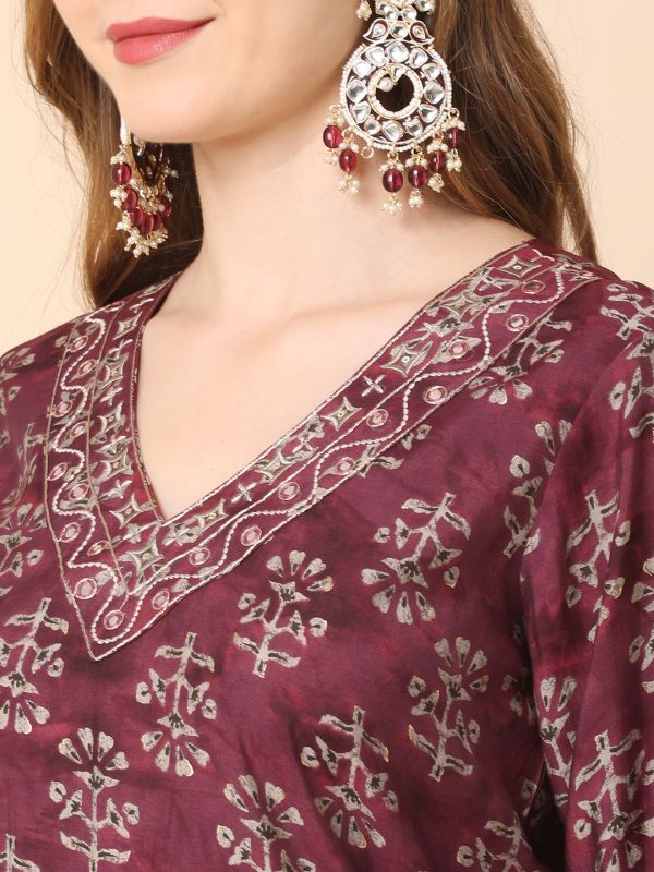 Globus Women Wine Allover Printed Straight Kurta With Narrow Pants & Dupatta