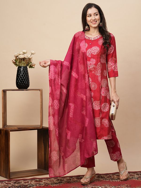 Globus Women Pink Mandarin Collar Allover Printed Panelled Kurta With Narrow Pants & Dupatta