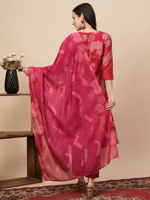 Globus Women Pink Mandarin Collar Allover Printed Panelled Kurta With Narrow Pants & Dupatta