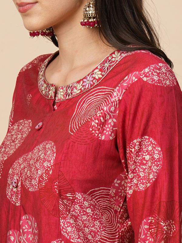 Globus Women Pink Mandarin Collar Allover Printed Panelled Kurta With Narrow Pants & Dupatta