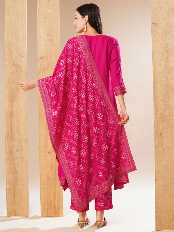 Globus Women Pink Embroidered Yoke A-Line Festive Kurta With Dupatta & Pant Set