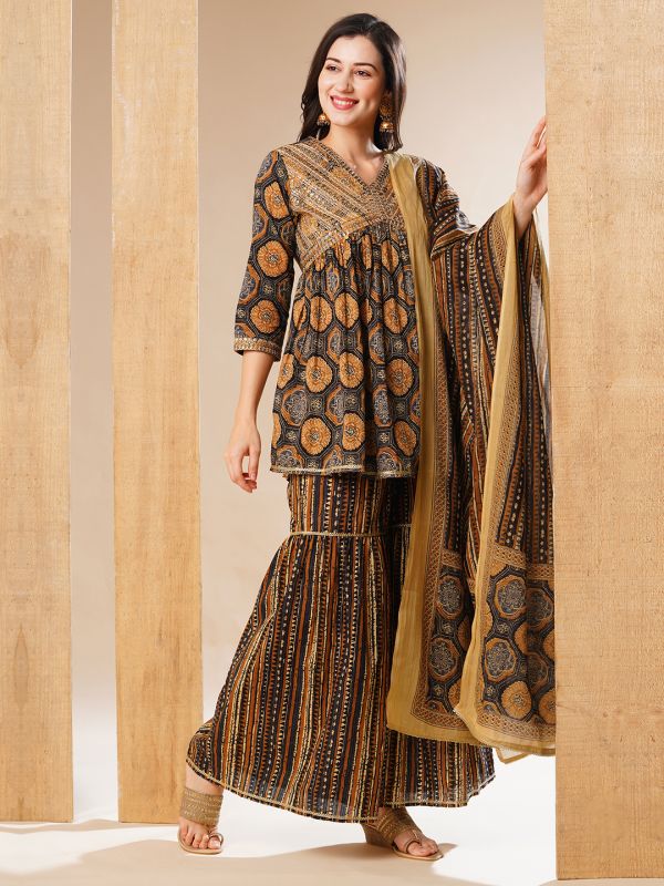 Globus Women Olive Allover Ethnic Print Embroidered Yoke A-Line Alia Cut Festive Kurta Set With Sharara & Dupatta