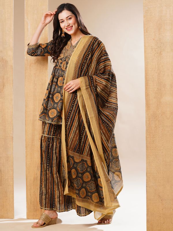 Globus Women Olive Allover Ethnic Print Embroidered Yoke A-Line Alia Cut Festive Kurta Set With Sharara & Dupatta