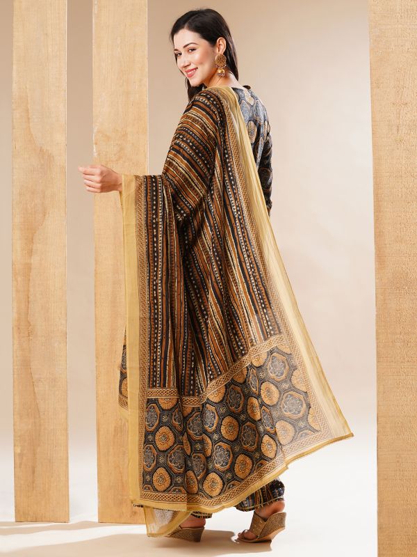Globus Women Olive Allover Ethnic Print Embroidered Yoke A-Line Alia Cut Festive Kurta Set With Sharara & Dupatta