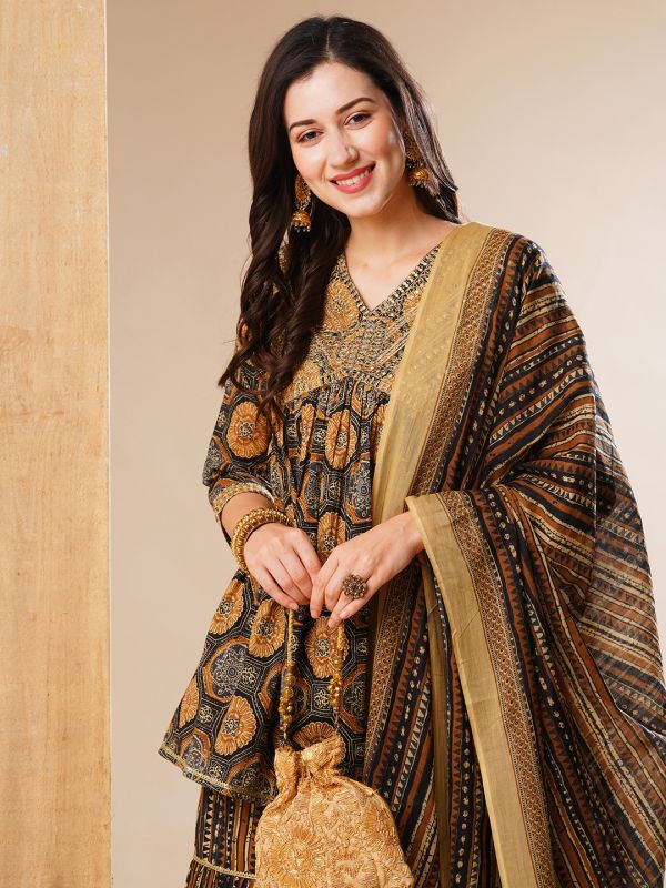 Globus Women Olive Allover Ethnic Print Embroidered Yoke A-Line Alia Cut Festive Kurta Set With Sharara & Dupatta