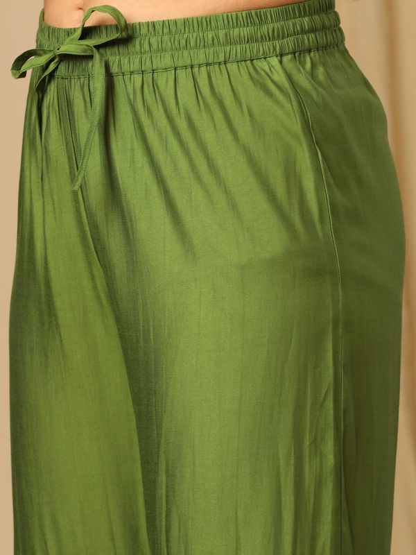 Globus Women Green Floral Embroidered Yoke Straight Kurta, Gharara & Gold Lace Detail Dupatta Festive Set
