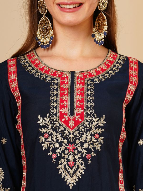 Globus Women Navy Blue Paisley Embroidered & Gotta Lace Yoke Kurta, Trousers & Dupatta Festive Set