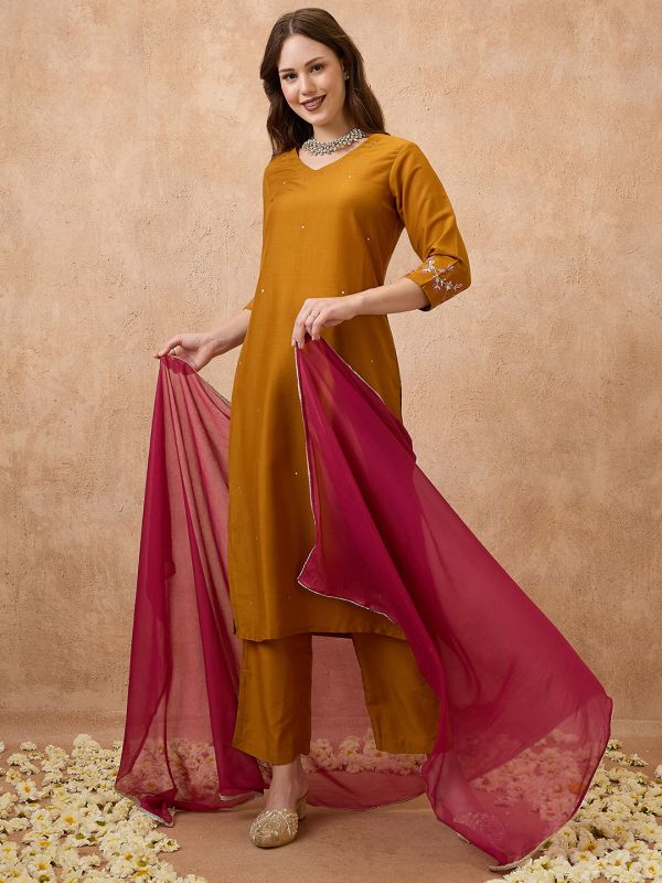 Globus Women Mustard V-Neck Sequinned Straight Kurta With Pant & Contrast Dupatta Festive Set