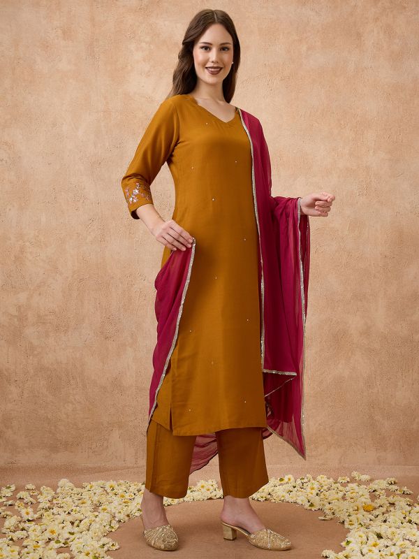 Globus Women Mustard V-Neck Sequinned Straight Kurta With Pant & Contrast Dupatta Festive Set