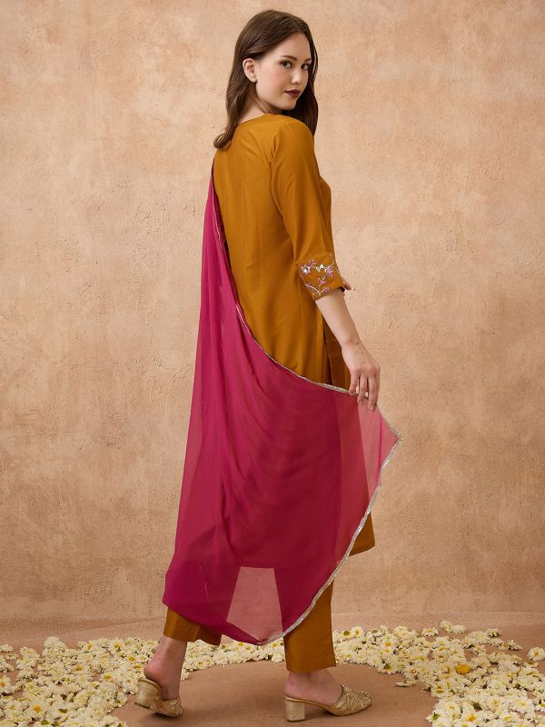 Globus Women Mustard V-Neck Sequinned Straight Kurta With Pant & Contrast Dupatta Festive Set