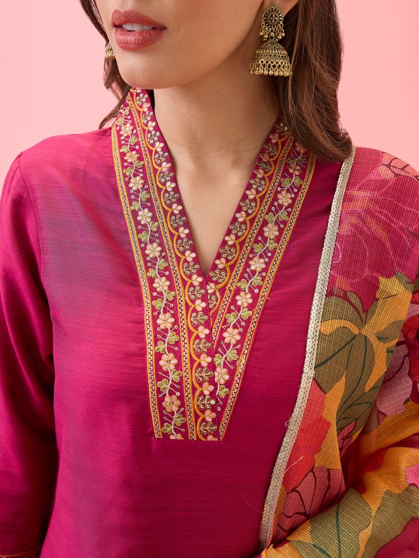 Globus Women Pink Floral Embroidered V-Neck Straight Festive Kurta With Pants & Printed Dupatta Set