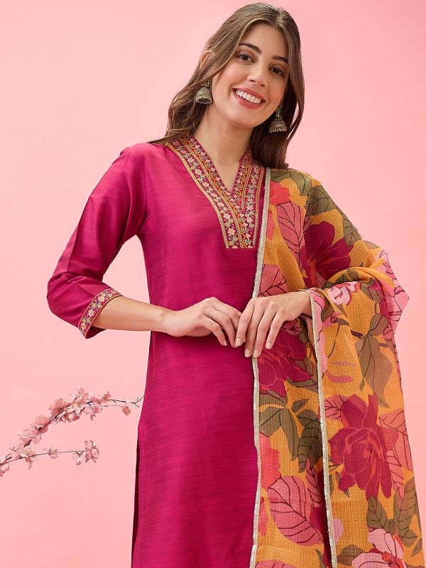 Globus Women Pink Floral Embroidered V-Neck Straight Festive Kurta With Pants & Printed Dupatta Set