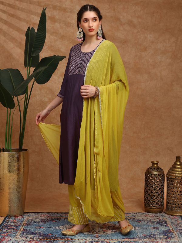 Globus Women Purple Embroidered Yoke A-Line Kurta With Gotta Lace Wide Leg Pants & Dupatta Festive Set