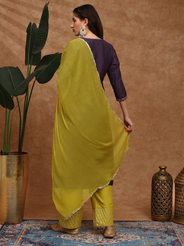 Globus Women Purple Embroidered Yoke A-Line Kurta With Gotta Lace Wide Leg Pants & Dupatta Festive Set
