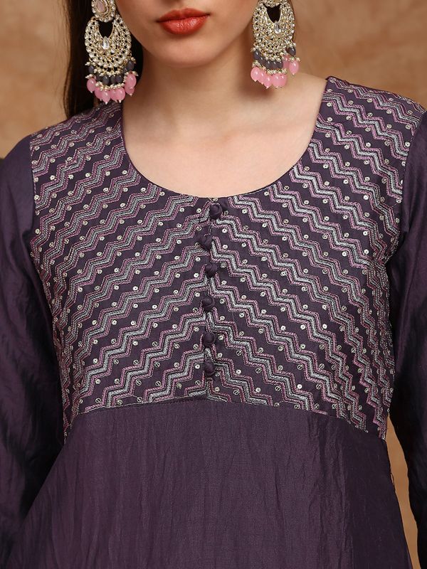 Globus Women Purple Embroidered Yoke A-Line Kurta With Gotta Lace Wide Leg Pants & Dupatta Festive Set