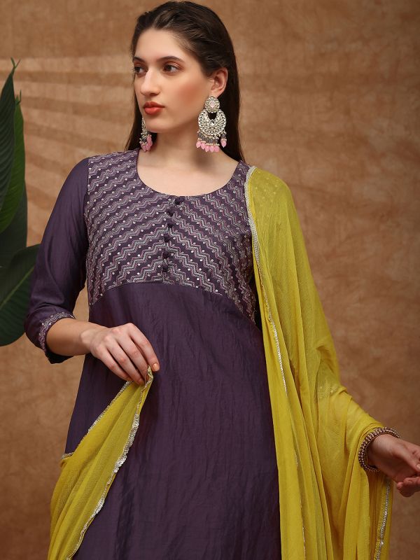 Globus Women Purple Embroidered Yoke A-Line Kurta With Gotta Lace Wide Leg Pants & Dupatta Festive Set