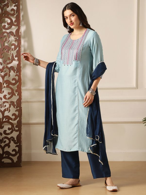 Globus Women Round Neck Embroidered Yoke Straight Kurta With Pant & Dupatta Festive Set