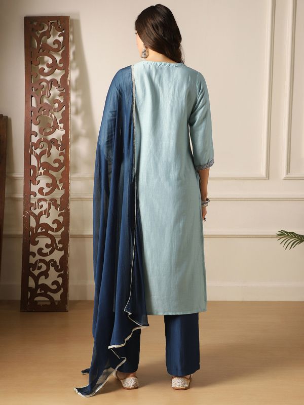 Globus Women Round Neck Embroidered Yoke Straight Kurta With Pant & Dupatta Festive Set