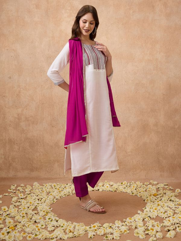 Globus Women Off-White Round Neck Embroidered Yoke Straight Kurta With Pant & Dupatta Ethnic set