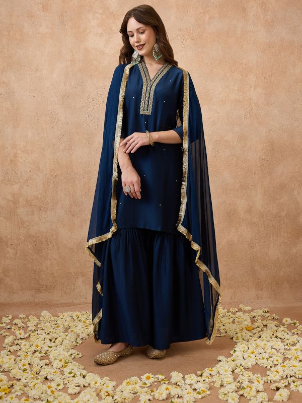 Globus Women Navy Blue Sequin Lace Detail V-Neck Straight Kurta With Sharara & Dupatta Festive Set