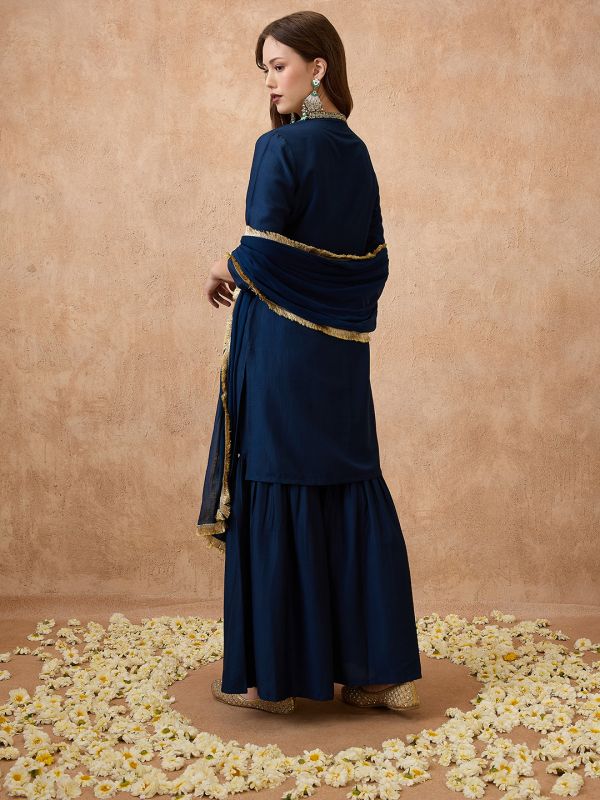 Globus Women Navy Blue Sequin Lace Detail V-Neck Straight Kurta With Sharara & Dupatta Festive Set