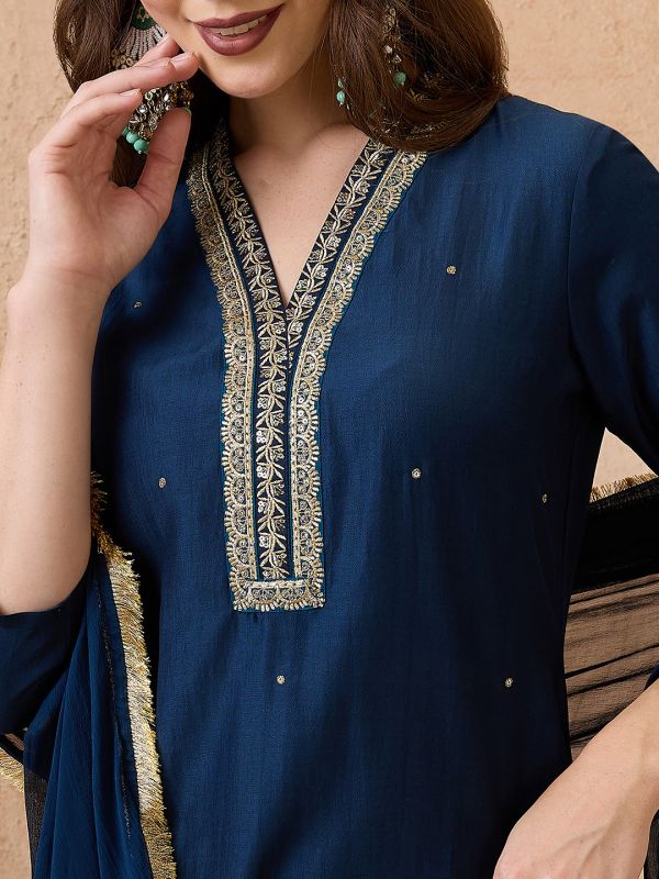 Globus Women Navy Blue Sequin Lace Detail V-Neck Straight Kurta With Sharara & Dupatta Festive Set