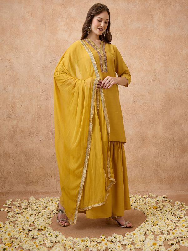Globus Women Yellow Sequin Lace Detail V-Neck Straight Kurta With Sharara & Dupatta Festive Set