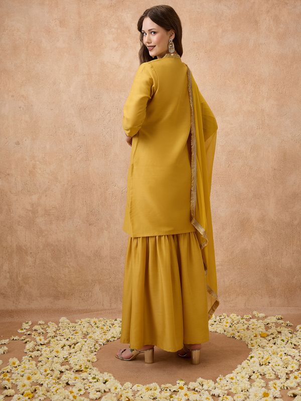 Globus Women Yellow Sequin Lace Detail V-Neck Straight Kurta With Sharara & Dupatta Festive Set