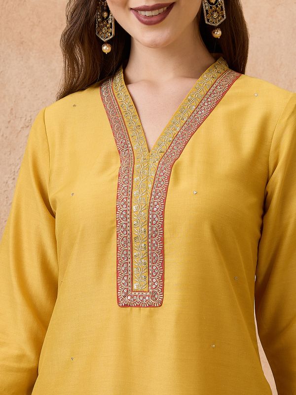 Globus Women Yellow Sequin Lace Detail V-Neck Straight Kurta With Sharara & Dupatta Festive Set