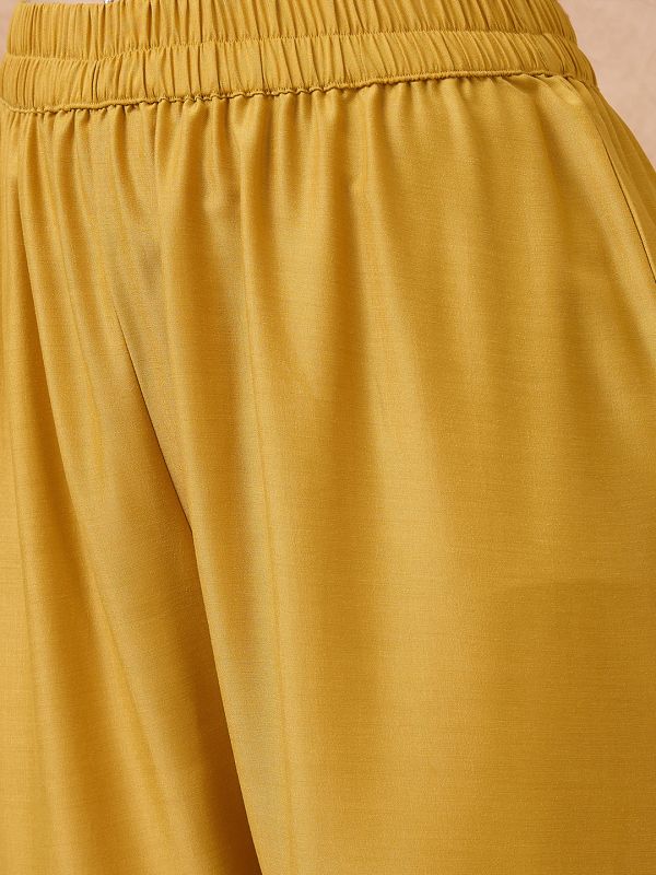 Globus Women Yellow Sequin Lace Detail V-Neck Straight Kurta With Sharara & Dupatta Festive Set