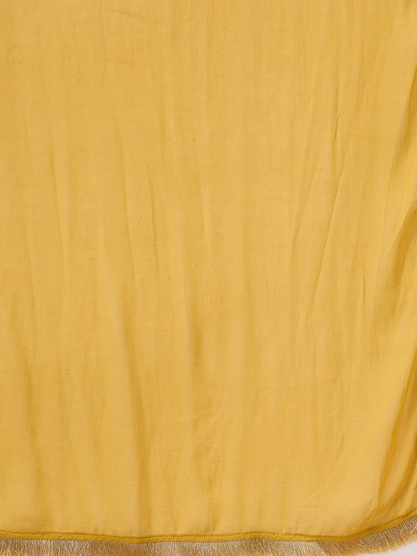 Globus Women Yellow Sequin Lace Detail V-Neck Straight Kurta With Sharara & Dupatta Festive Set