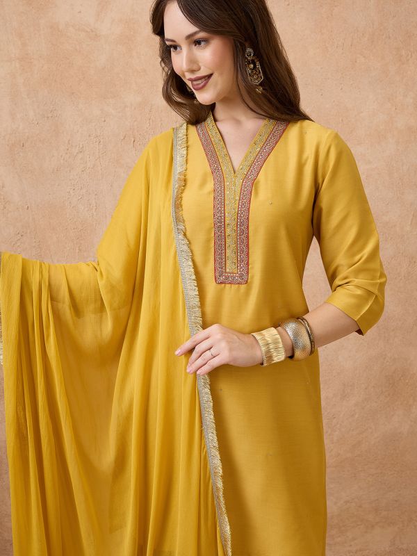 Globus Women Yellow Sequin Lace Detail V-Neck Straight Kurta With Sharara & Dupatta Festive Set