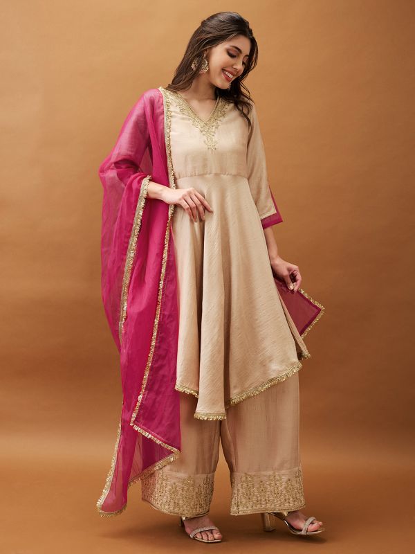 Globus Women Peach Sequinned Embroidered V-Neck Asymmetric Hem A-Line Kurta With Palazzos & Contrast Dupatta Set.