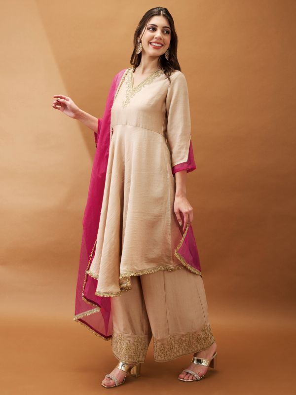 Globus Women Peach Sequinned Embroidered V-Neck Asymmetric Hem A-Line Kurta With Palazzos & Contrast Dupatta Set.