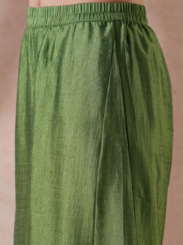 Globus Women Green Embroidered V-Neck Gotta Lace A-Line Kurta With Palazzos & Sequin Taping Dupatta Festive Set