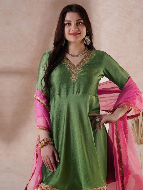 Globus Women Green Embroidered V-Neck Gotta Lace A-Line Kurta With Palazzos & Sequin Taping Dupatta Festive Set