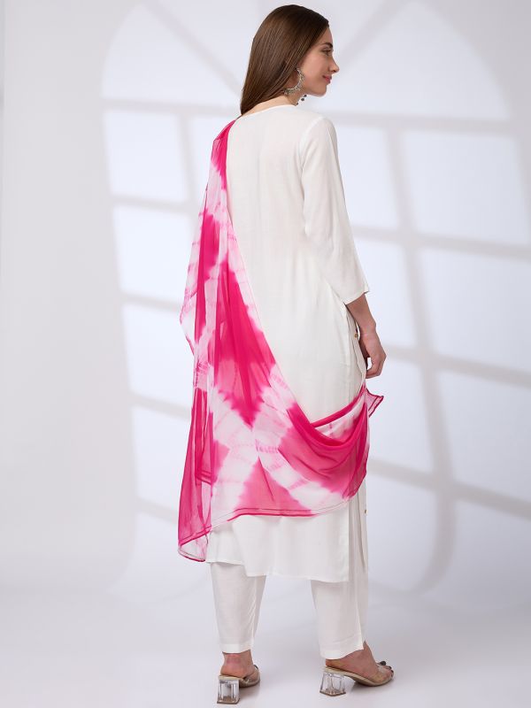Globus Women Off White Floral Embroidered Yoke Straight Kurta With Pants & Tie-Dye Gotta Lace Dupatta Workwear Set