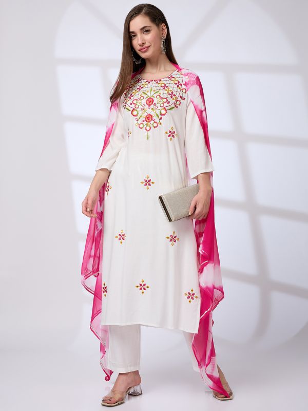 Globus Women Off White Floral Embroidered Yoke Straight Kurta With Pants & Tie-Dye Gotta Lace Dupatta Workwear Set