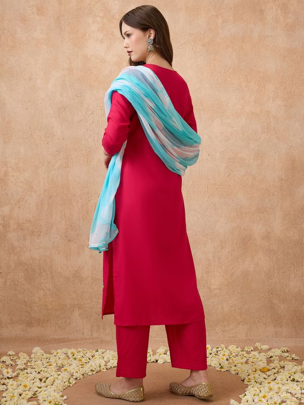 Globus Women Pink Round Neck Floral Embroidered Straight Kurta With Pant & Tie-Die Dupatta Workwear Set