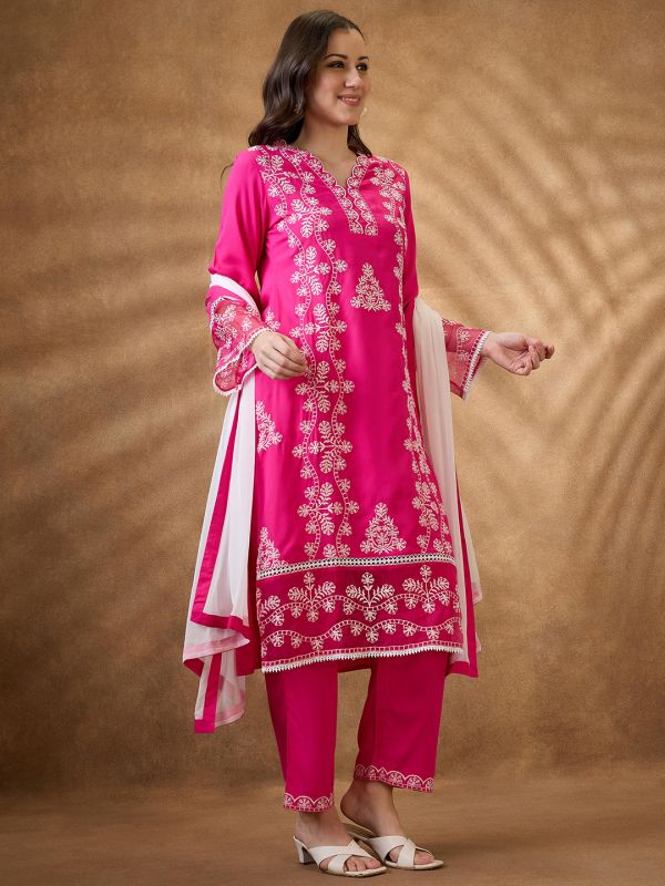 Globus Women Pink Scalloped V-Neck Bell Sleeves Embroidered Lace Inserts Straight Kurta & Pants Festive Set