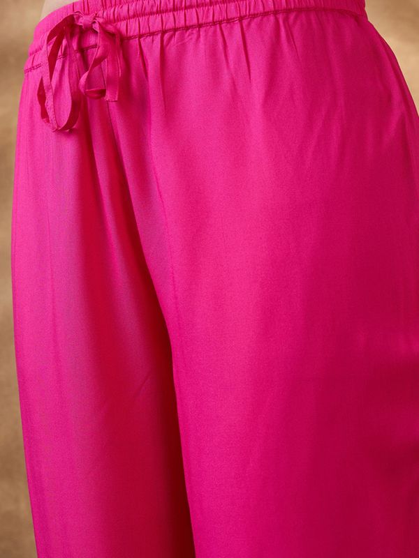 Globus Women Pink Scalloped V-Neck Bell Sleeves Embroidered Lace Inserts Straight Kurta & Pants Festive Set