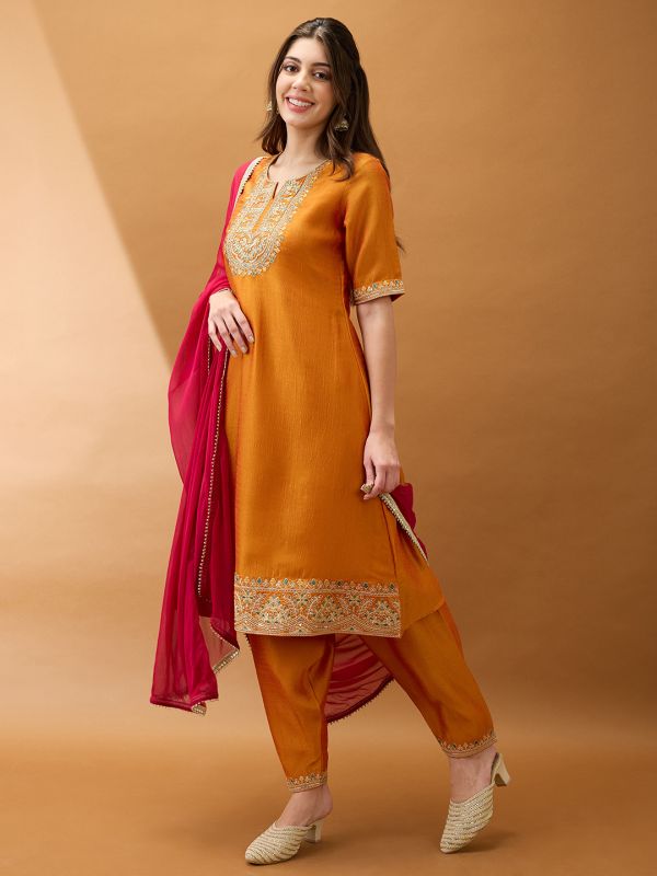 Globus Women Yellow Sequinned Zari Embroidered Yoke A-Line Kurta With Pant & Contrast Dupatta Set