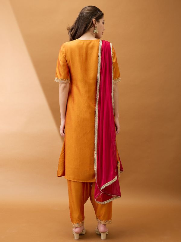 Globus Women Yellow Sequinned Zari Embroidered Yoke A-Line Kurta With Pant & Contrast Dupatta Set