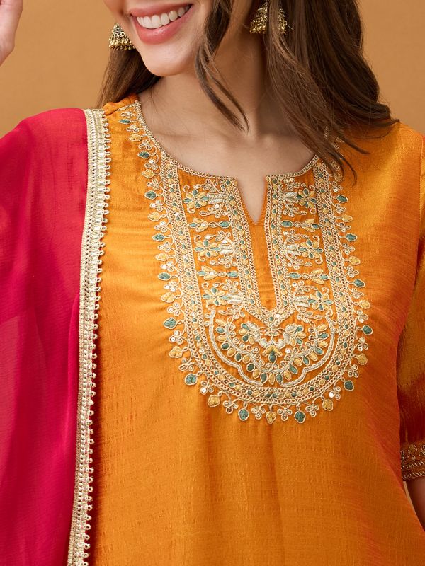 Globus Women Yellow Sequinned Zari Embroidered Yoke A-Line Kurta With Pant & Contrast Dupatta Set