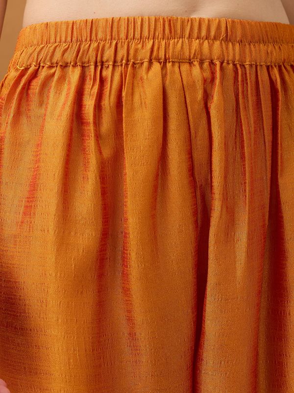 Globus Women Yellow Sequinned Zari Embroidered Yoke A-Line Kurta With Pant & Contrast Dupatta Set