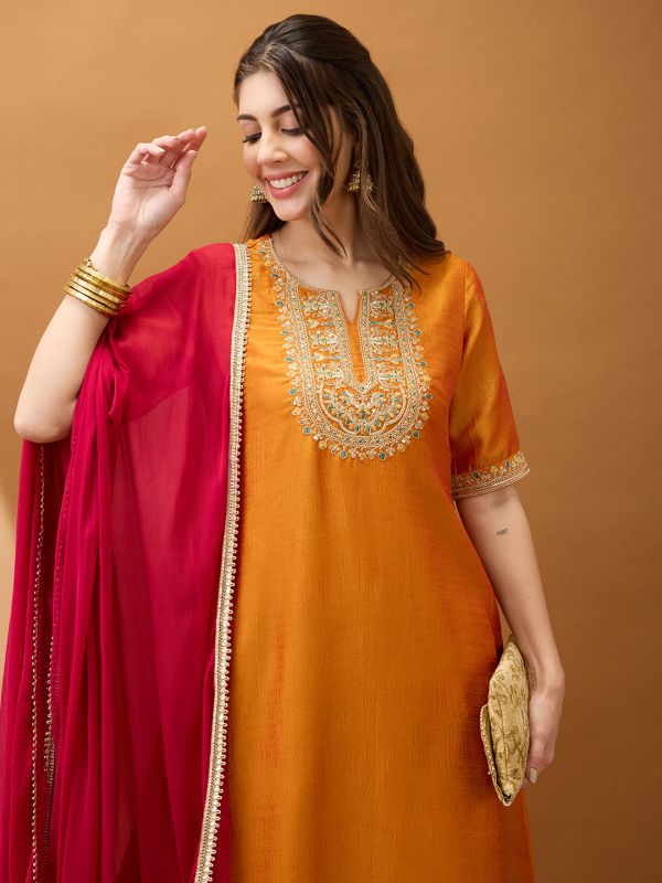 Globus Women Yellow Sequinned Zari Embroidered Yoke A-Line Kurta With Pant & Contrast Dupatta Set