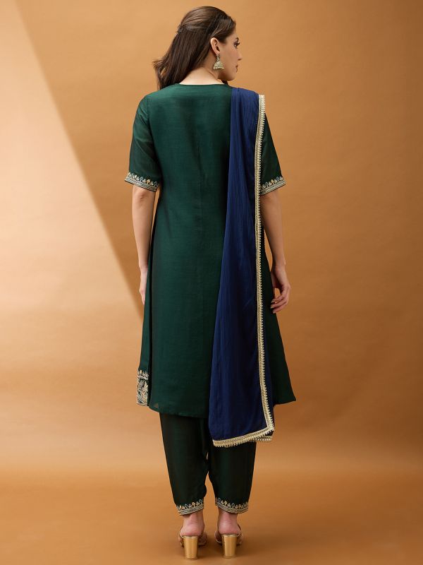 Globus Women Green Sequinned Zari Embroidered Yoke A-Line Kurta With Pant & Contrast Dupatta Set