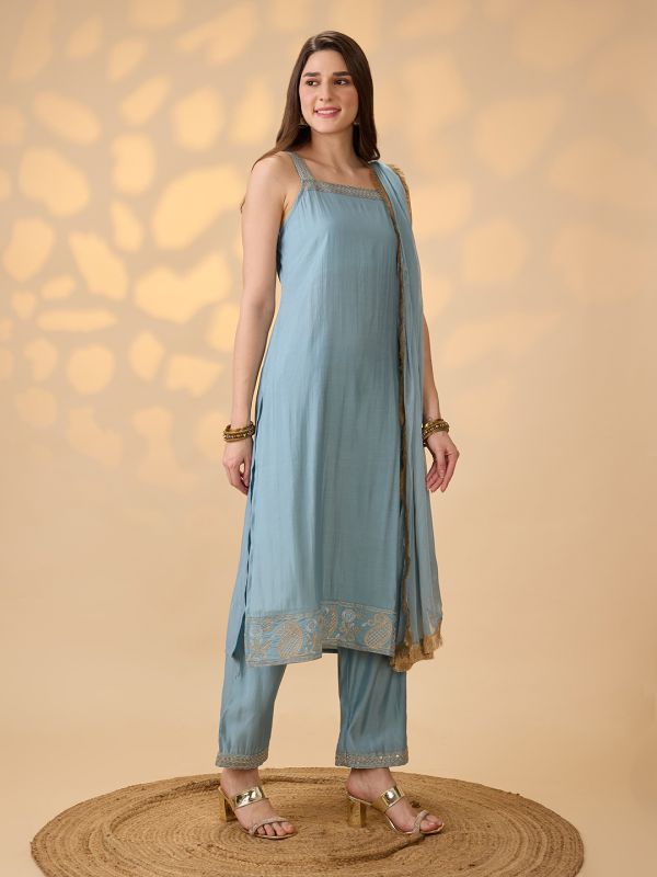 Globus Women Blue Square Neck Shoulder Straps Embroidered Detail Straight Kurta With Pants & Fringed Dupatta Festive Set