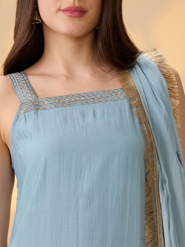 Globus Women Blue Square Neck Shoulder Straps Embroidered Detail Straight Kurta With Pants & Fringed Dupatta Festive Set