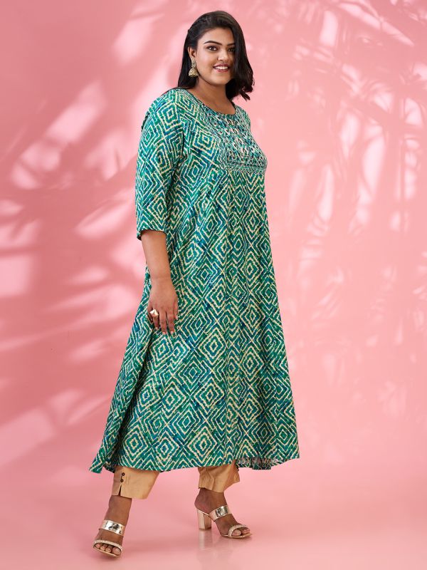 Globus Gloplus Women Green Round Embroidered Yoke Geometric Print Flared Hem Plus Size A-Line Kurta